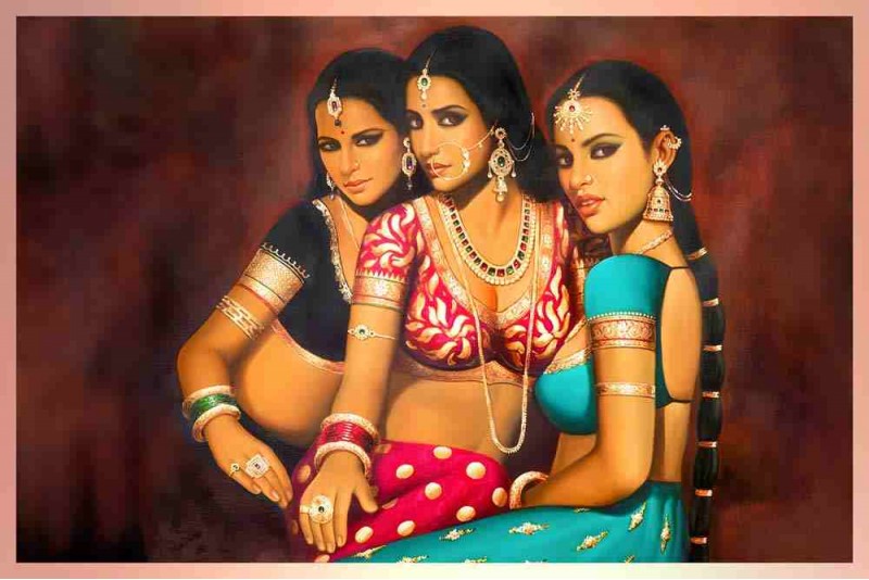 3 traditional painting of beautiful indian woman