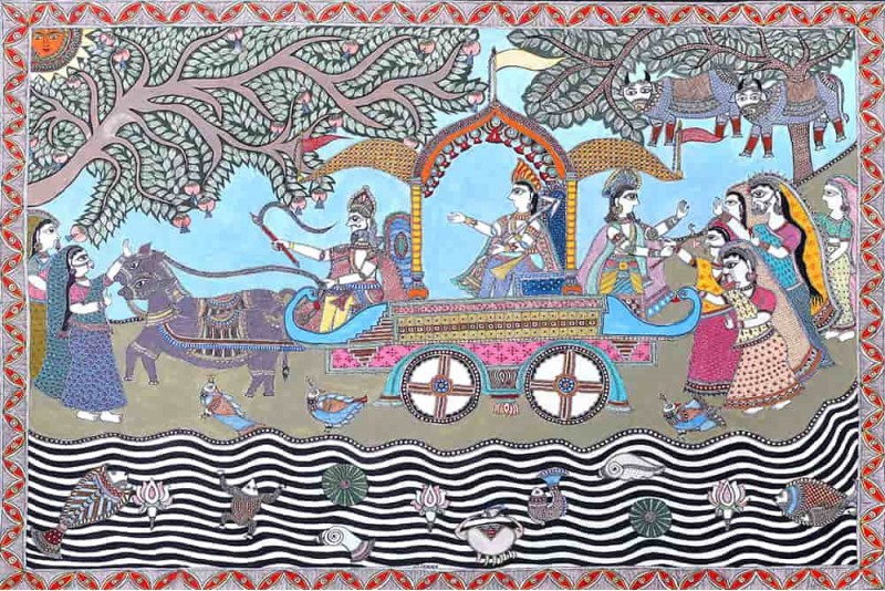 Krishna and Balaram Leaving Mathura with Akrura madhubani painting