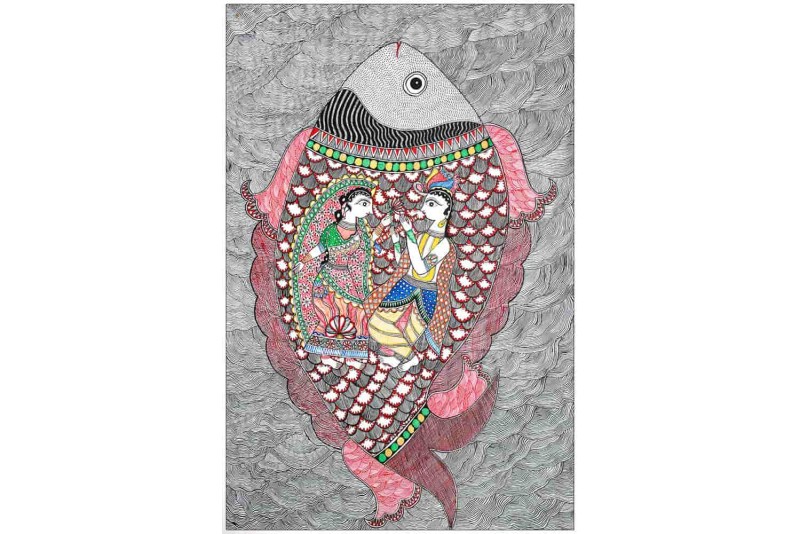Radha Krishna Within The Body Of a Fish madhubani painting