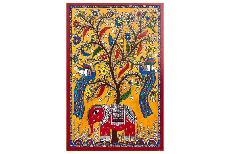 flora tree with two peacock madhubani painting