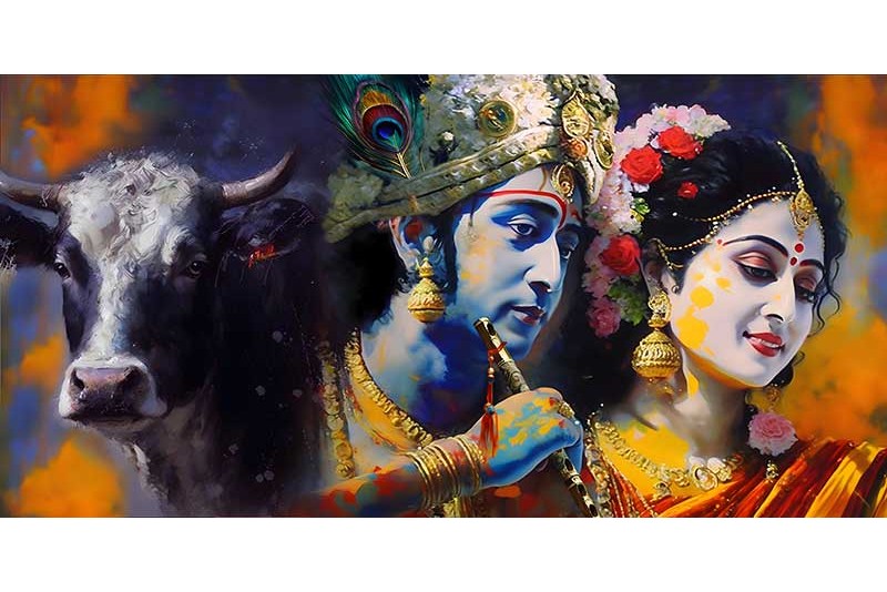 Lord Krishna Radha Devine Love Abstract Wall Art Painting-M