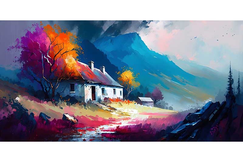 abstract mountain village landscape painting on canvas