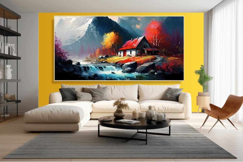 mountain landscape painting with waterfall