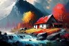 mountain landscape painting with waterfall