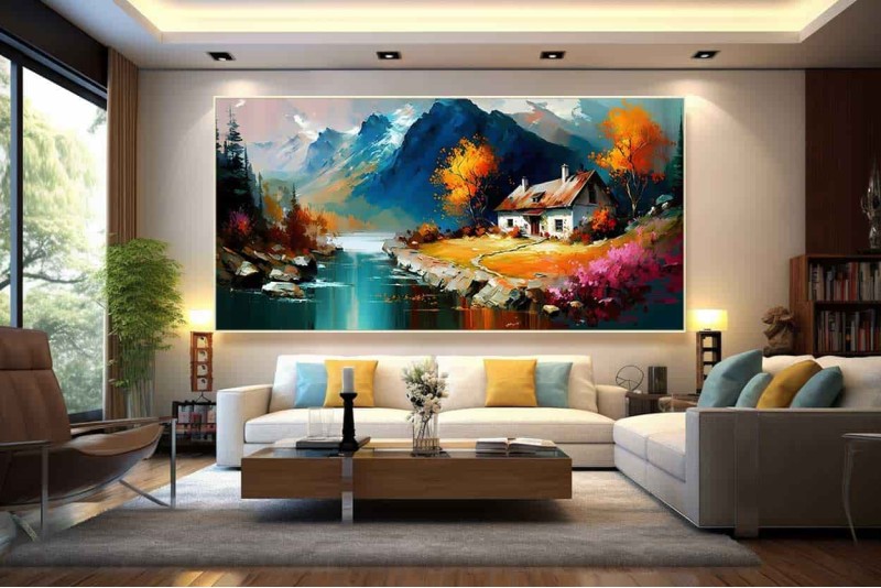 mountain river landscape painting on canvas