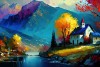mountain river side village landscape painting on canvas