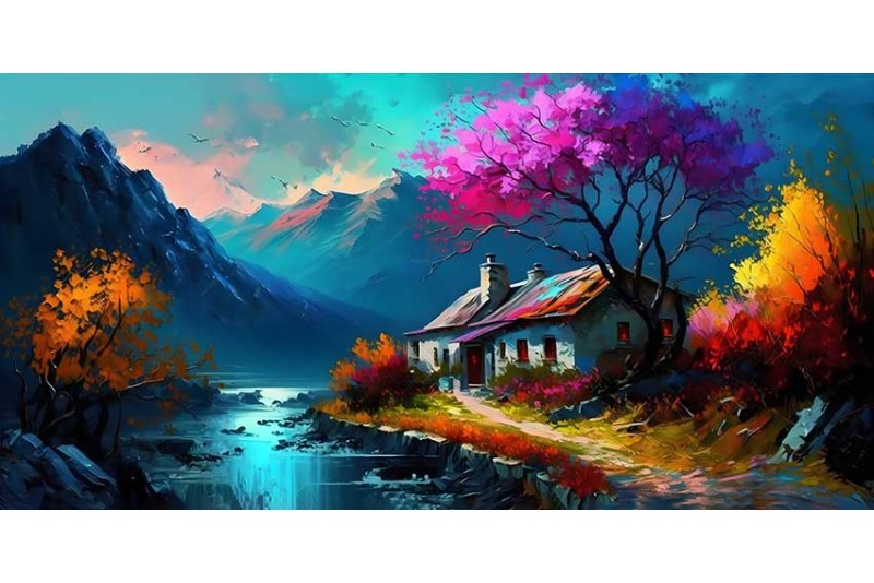 mountain village landscape painting on canvas