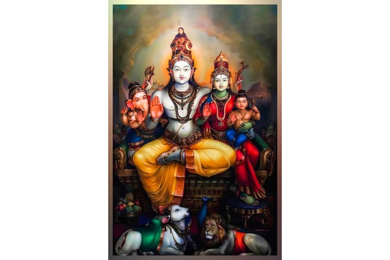 A Solemn Moment In The Shiva Parivar Painting on canvas