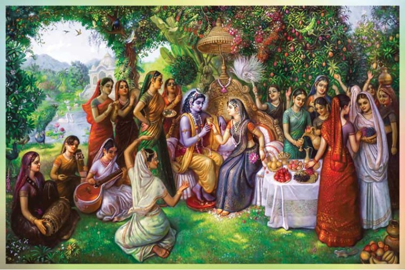 Radha Krishna and gopis gather for a festive feast