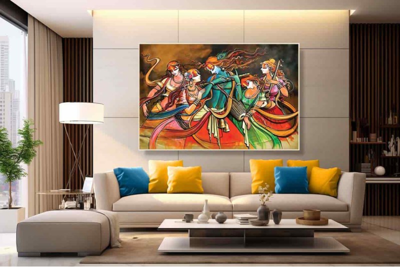 0227 Beautiful Radha Krishna with Gopis Painting on canvas L