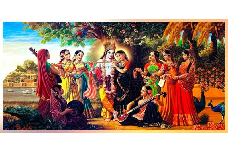 Fine Canvas radha krishna ashta sakhi painting M