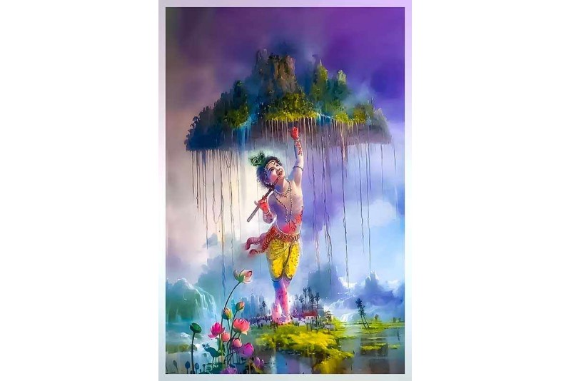 Bal Krishna lifting Mount Govardhan canvas painting