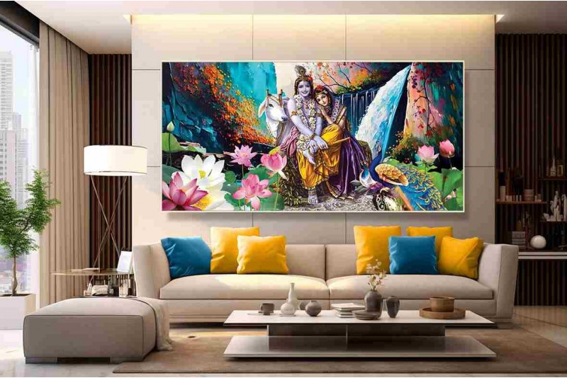Krishna Images Romantic Radha Krishna Love painting with waterfall