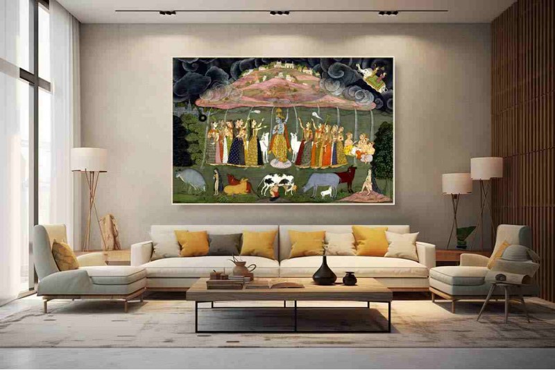 Krishna Lifting Mount Govardhan painting wall canvas 03