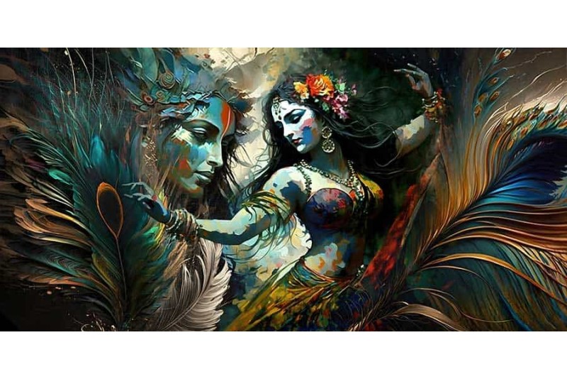 Radha Dancing with Krishna in The Peacock Feather Wall Canvas