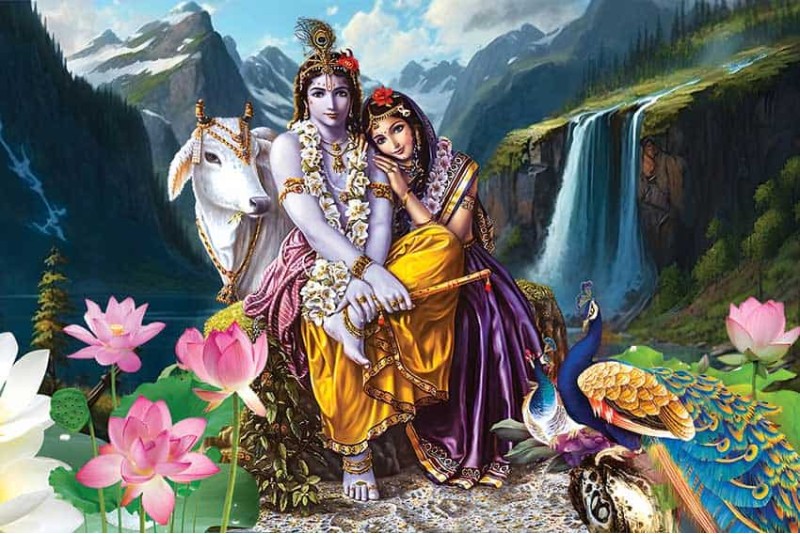 Romantic Radha Krishna Image cow and waterfall
