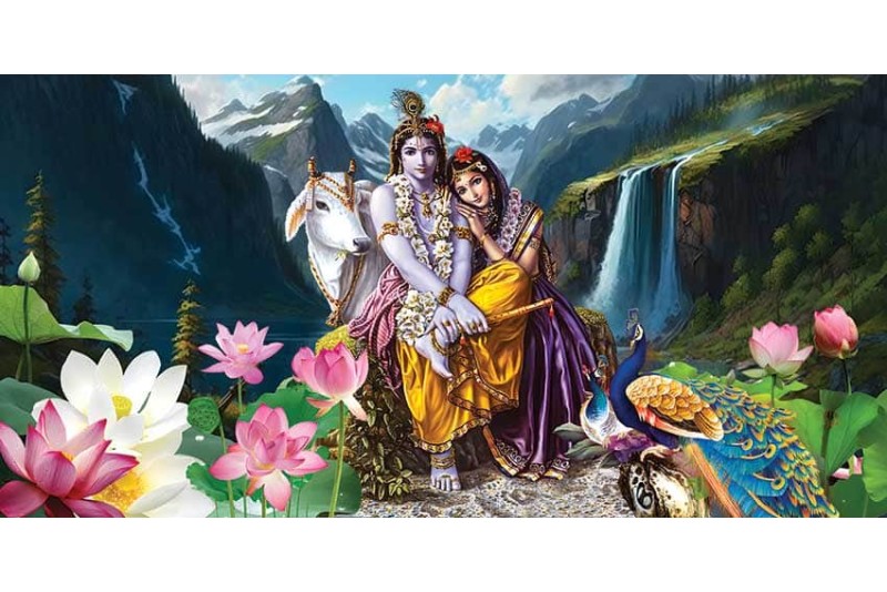 Romantic Radha Krishna Krishna Images with cow and waterfall