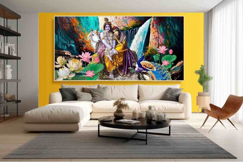 Romantic Radha Krishna Love Krishna Images painting with waterfall