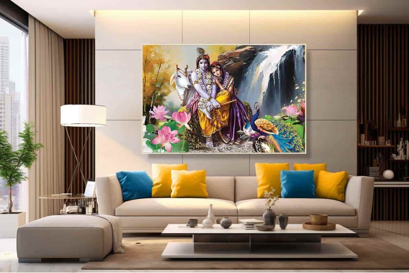 Romantic Radha Krishna Love painting cow and waterfall