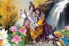 Romantic Radha Krishna Love painting with cow and waterfall
