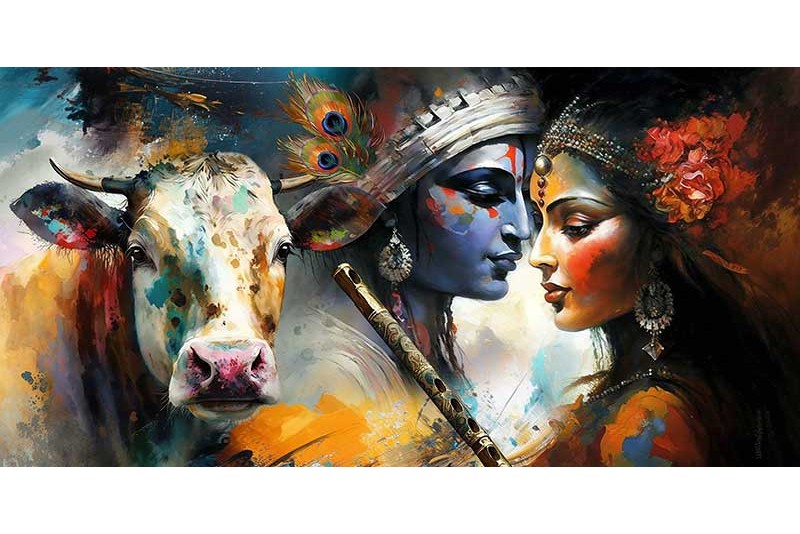 abstract radha krishna with cow Krishna images romantic art painting