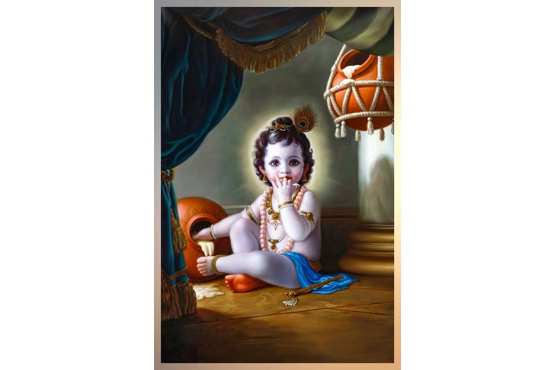 baby krishna eating butter painting on canvas