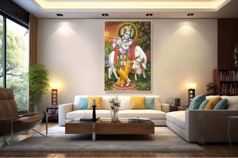 lord krishna with cow canvas painting shri krishna wall canvas