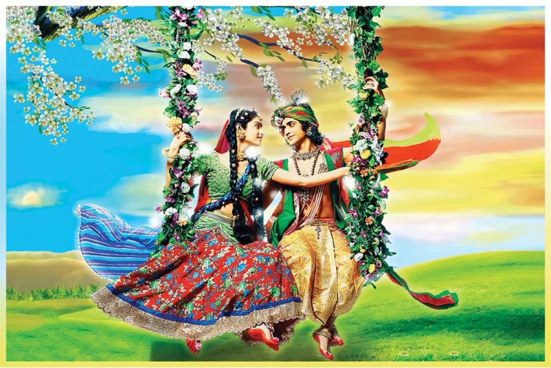 radha krishna on swing painting on canvas for bedroom