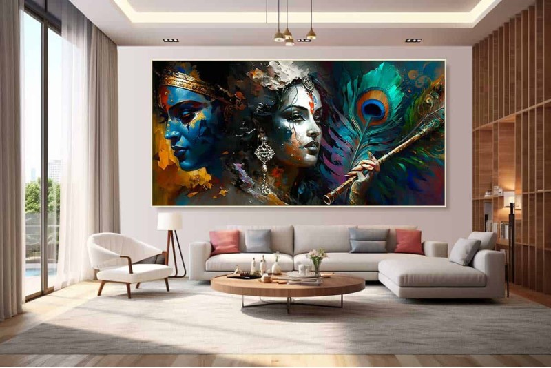 radha krishna painting with peacock feather and flute