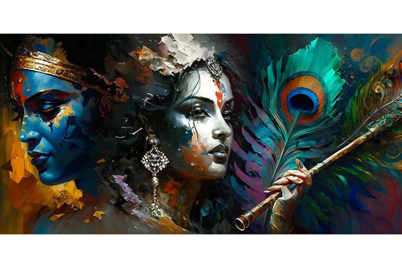 radha krishna painting with peacock feather and flute