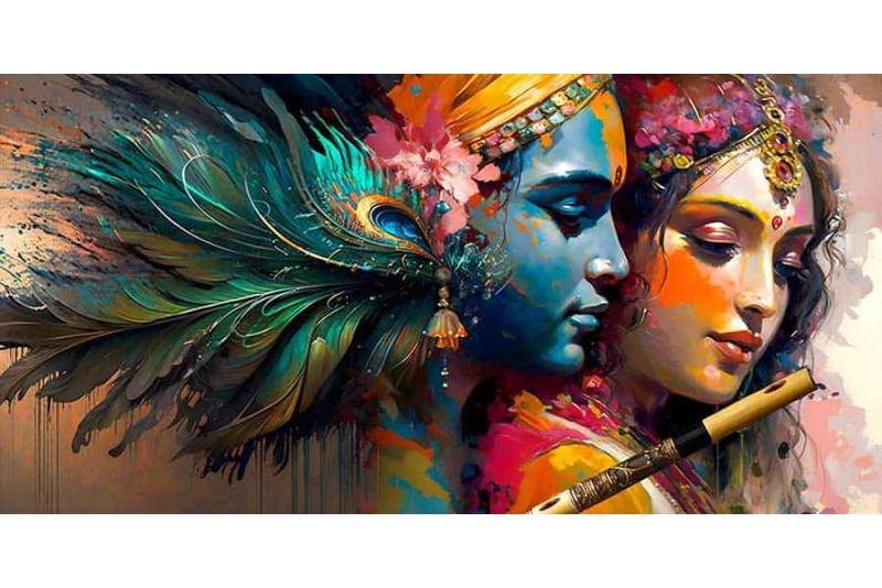 radha krishna painting with peacock feather and krishna flute