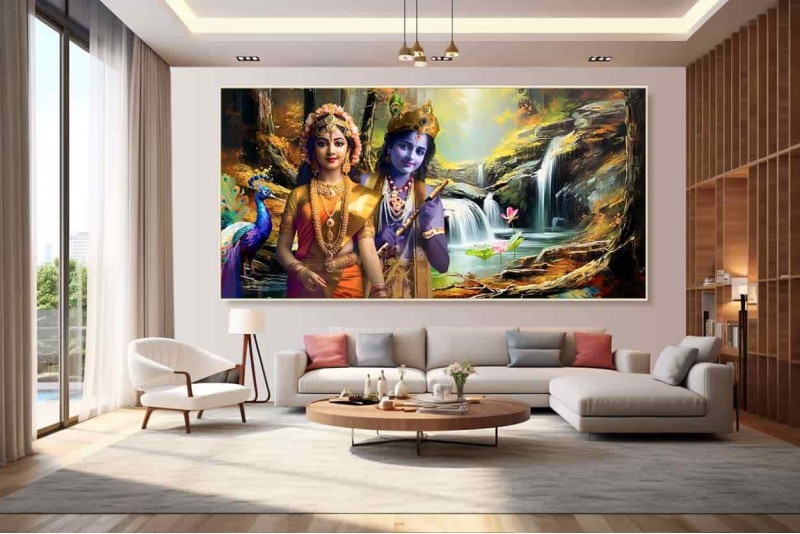 romantic radha krishna painting and waterfall wall canvas