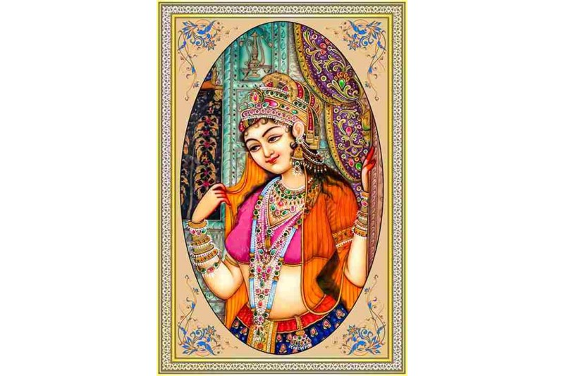 Mughal Princess Miniature Paintings Lady Portrait Canvas 008M