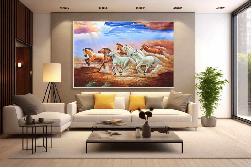 seven horse painting left vastu direction large Size 