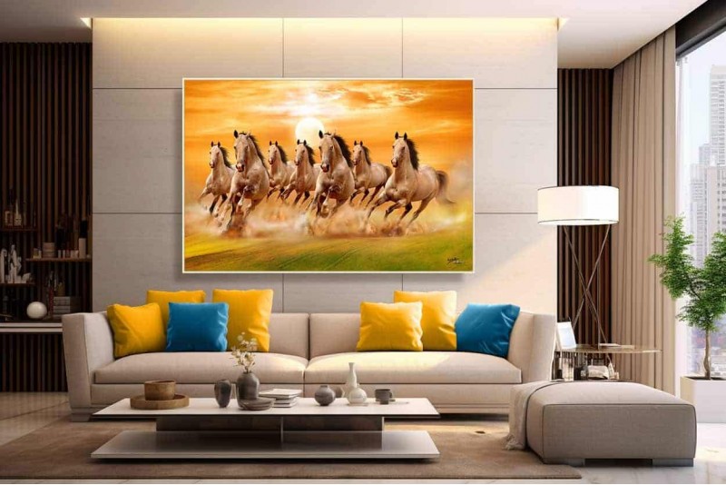 025 best rising sun with 7 galloping seven horses painting
