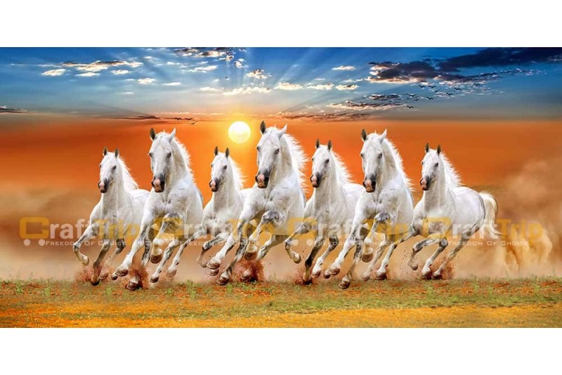 A sunrise with 7 running horses vastu painting