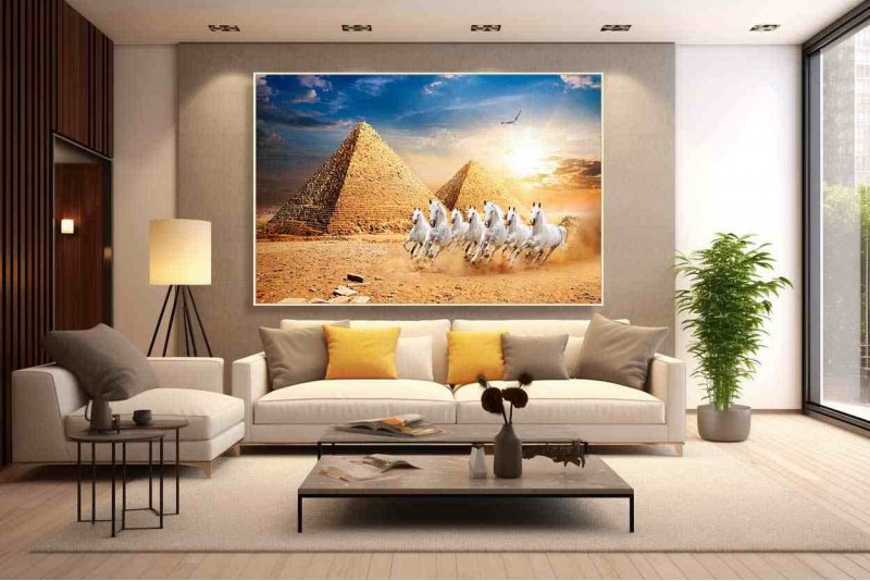 feng shui giza pyramid with sunrise 7 horses vastu big size painting