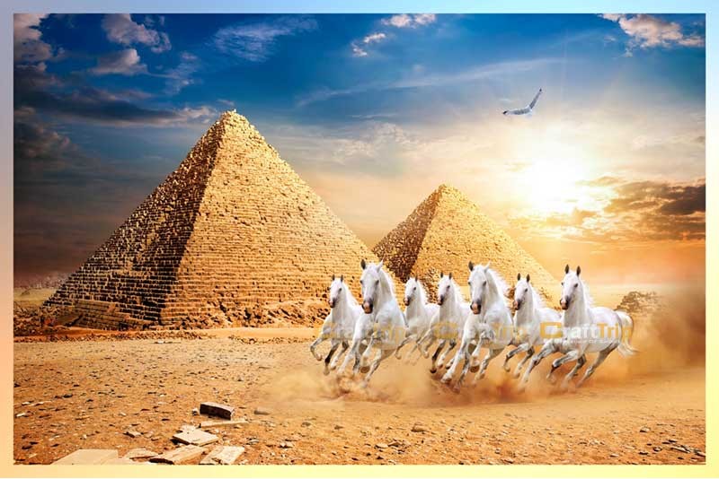 feng shui giza pyramid with sunrise 7 horses vastu big size painting