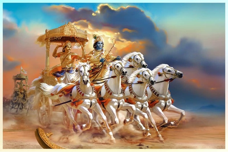 5 horse chariot sri krishna arjun mahabharat painting