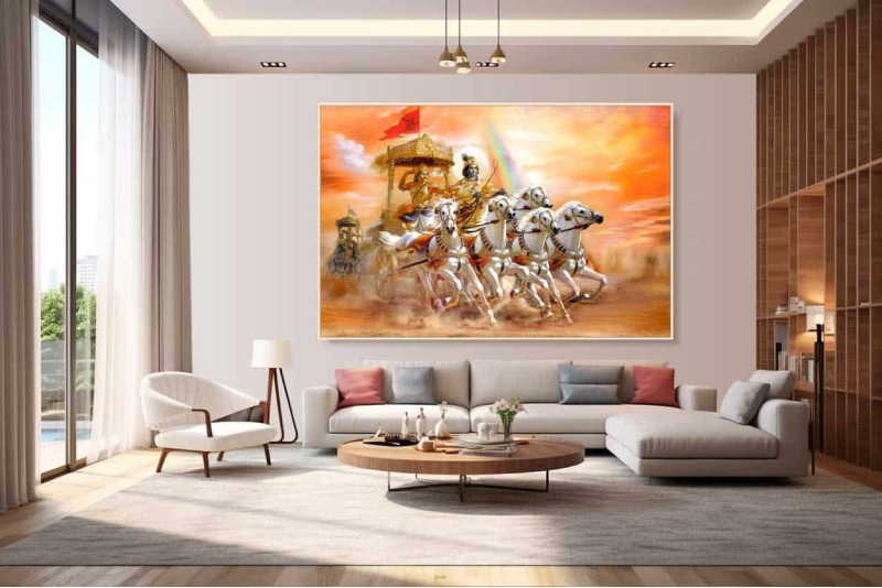 5 horses chariot Shri krishna arjun painting