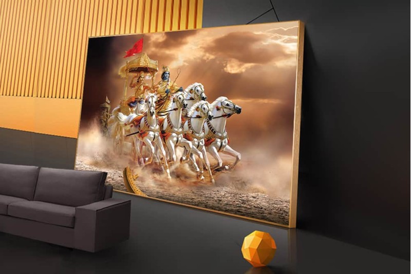 Shree Krishna Arjun Painting 5 Horses Chariot On Canvas