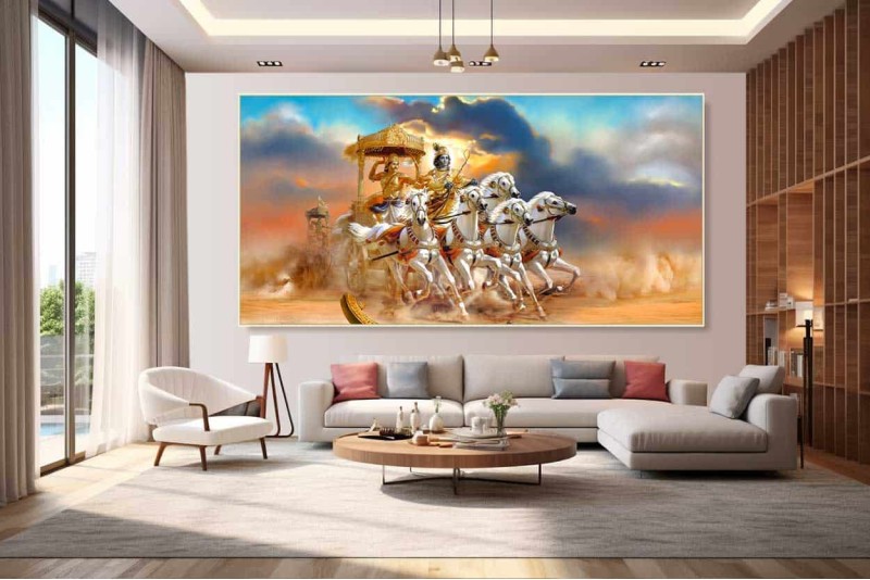 sri krishna arjun mahabharat painting 5 horse chariot