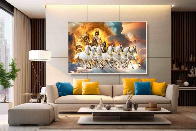 surya dev with seven running horses chariot painting on canvas